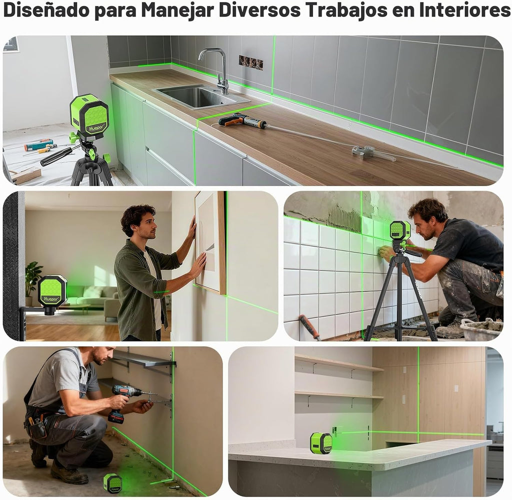 Huepar - Nivel láser con trípode de 60 pulgadas, 100 pies, autonivelante, nivel láser, recargable, línea cruzada, verde, herramienta para colgar imágenes, azulejos, renovación del hogar, bolsa de