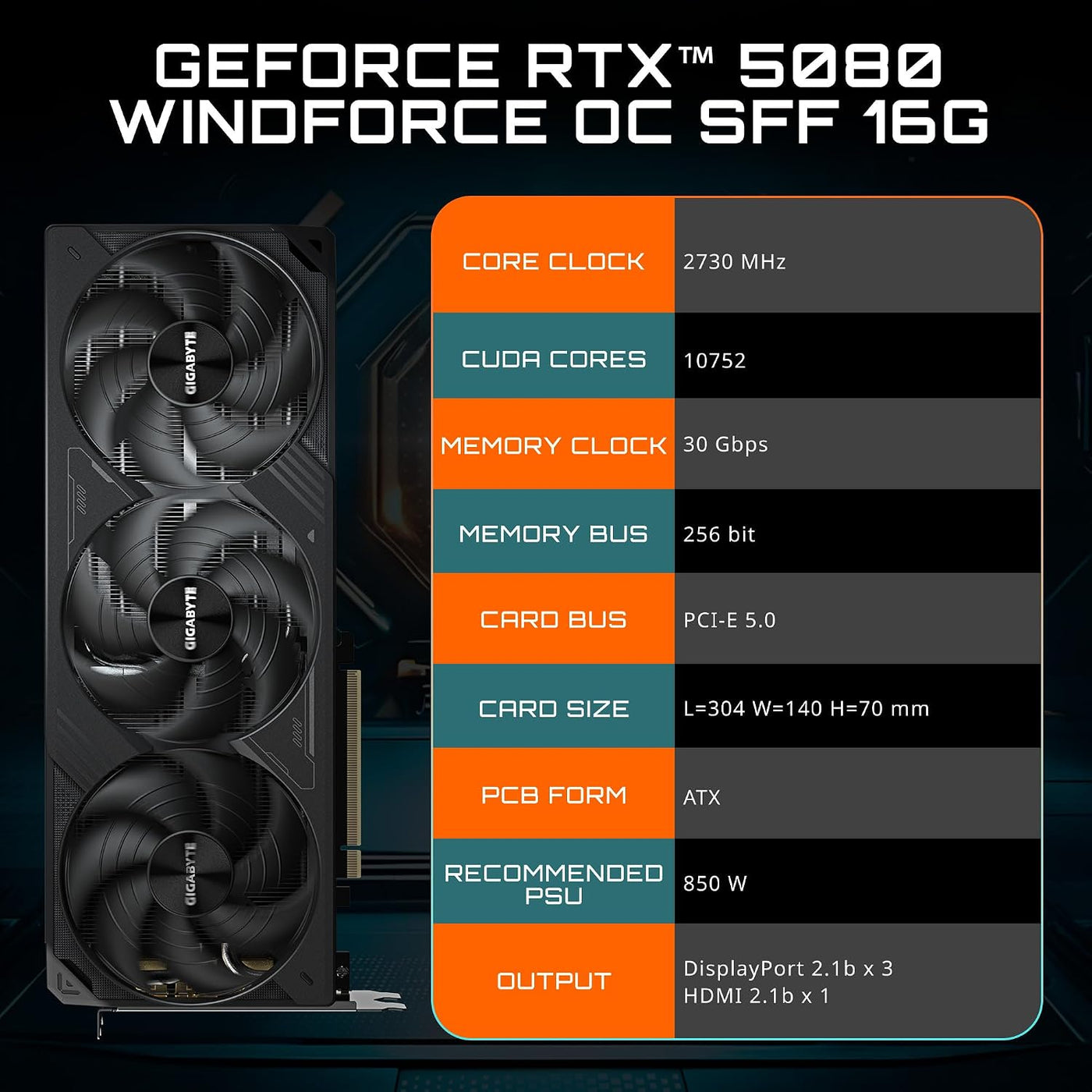 Tarjeta gráfica GIGABYTE GeForce RTX 5080 WINDFORCE OC SFF 16G, sis...