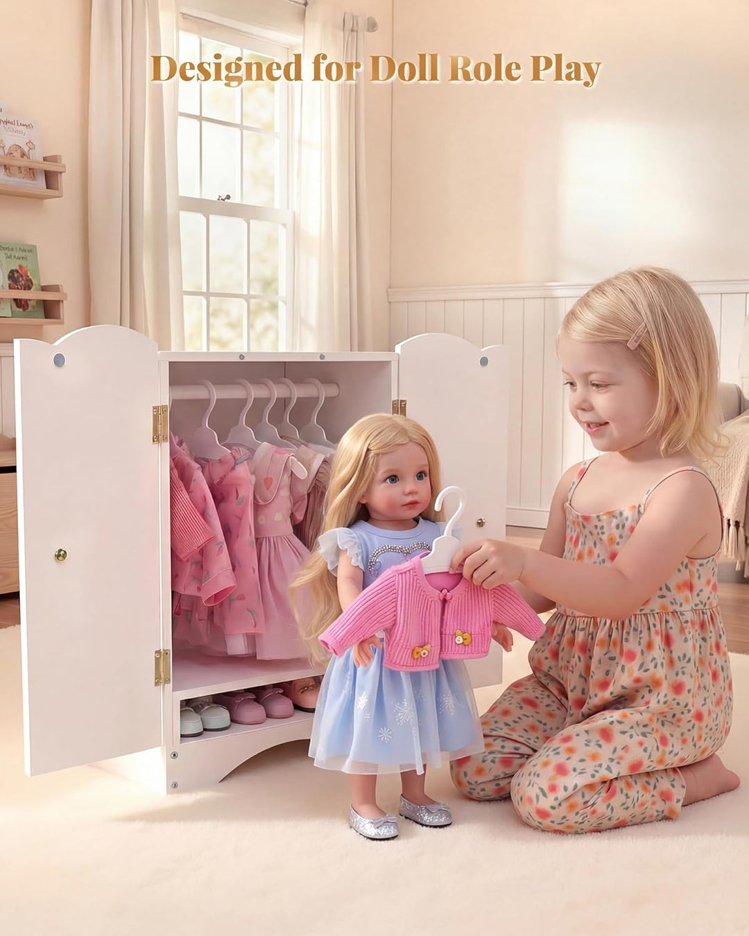 Armario de madera para muñecas de bebé con 10 perchas y estante, ar...
