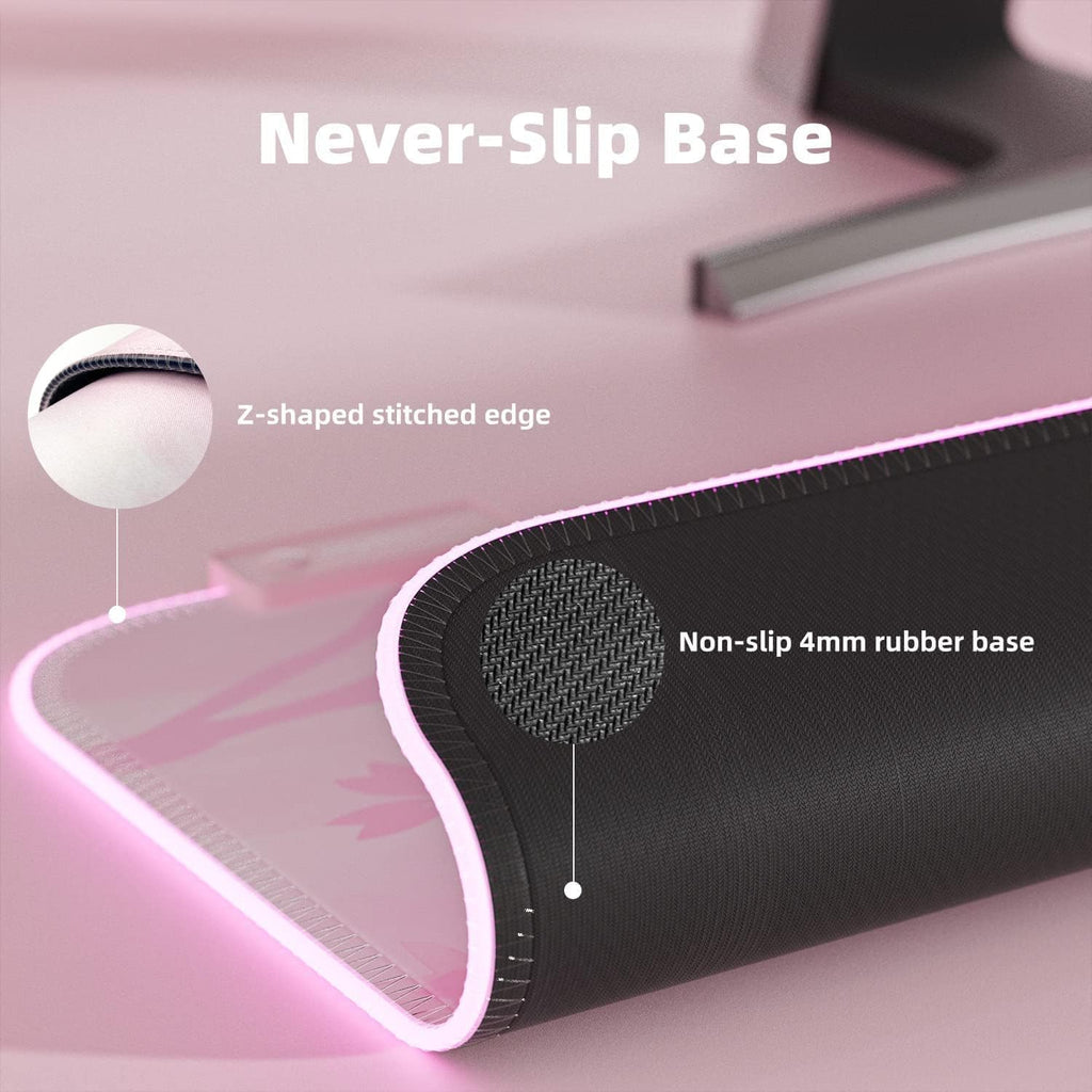 Alfombrilla de mouse para juegos LED RGB rosa, almohadilla brillante de 14 modos, alfombrilla de mouse extragrande para juegos, goma impermeable antideslizante, linda alfombrilla Sakura extendida para teclado grande y alfombrilla de mouse para jugadores