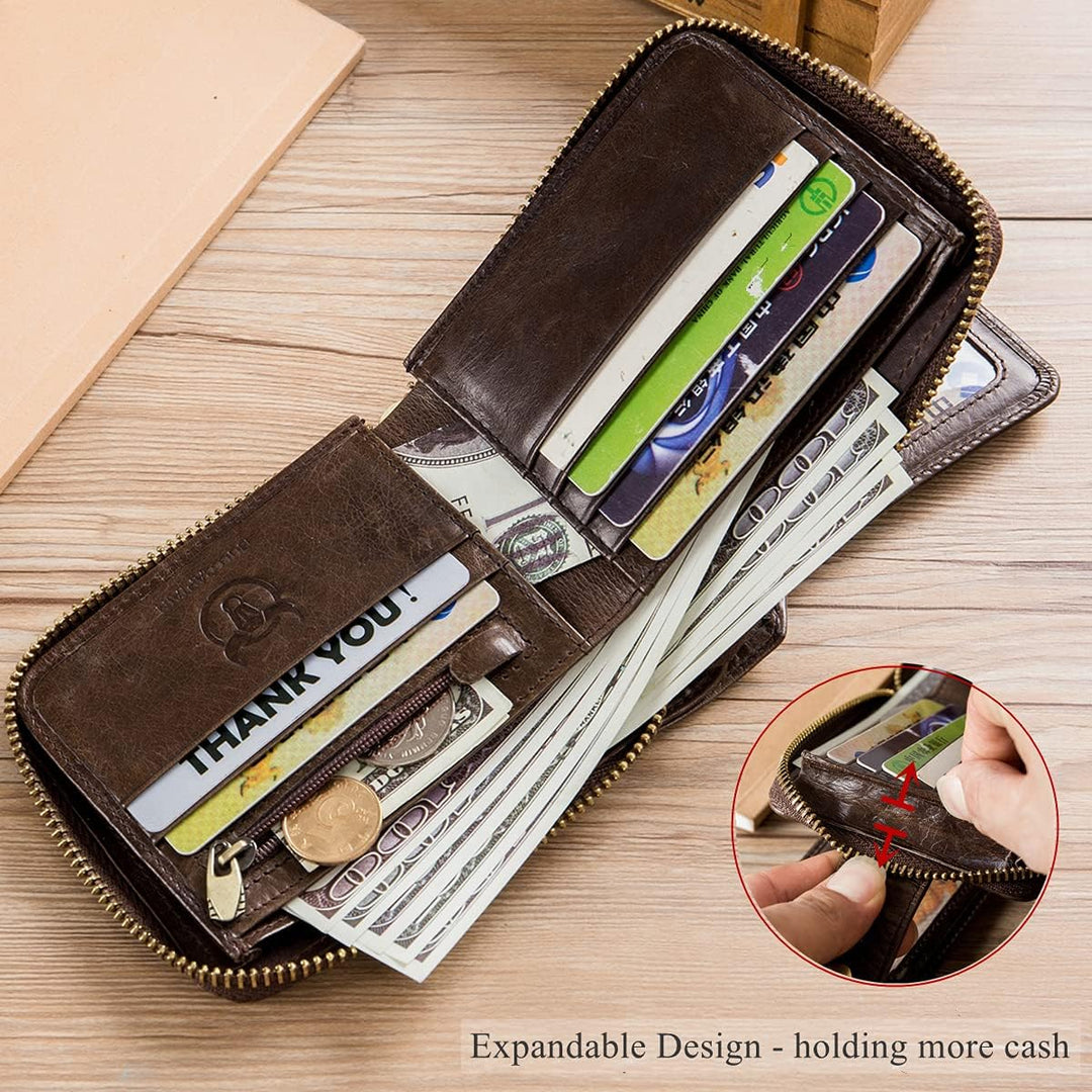 BULLCAPTAIN Cartera RFID de cuero genuino para hombres, de gran cap...
