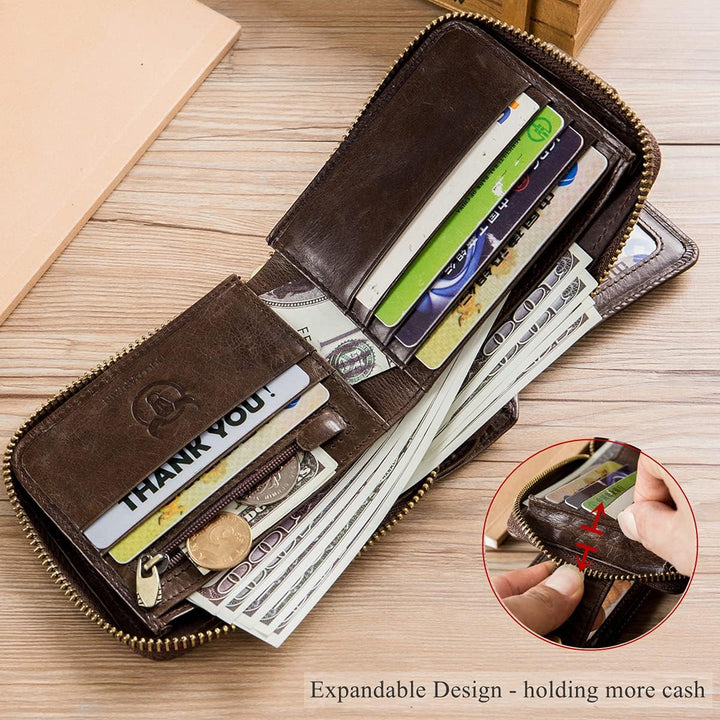BULLCAPTAIN Cartera RFID de cuero genuino para hombres, de gran cap...