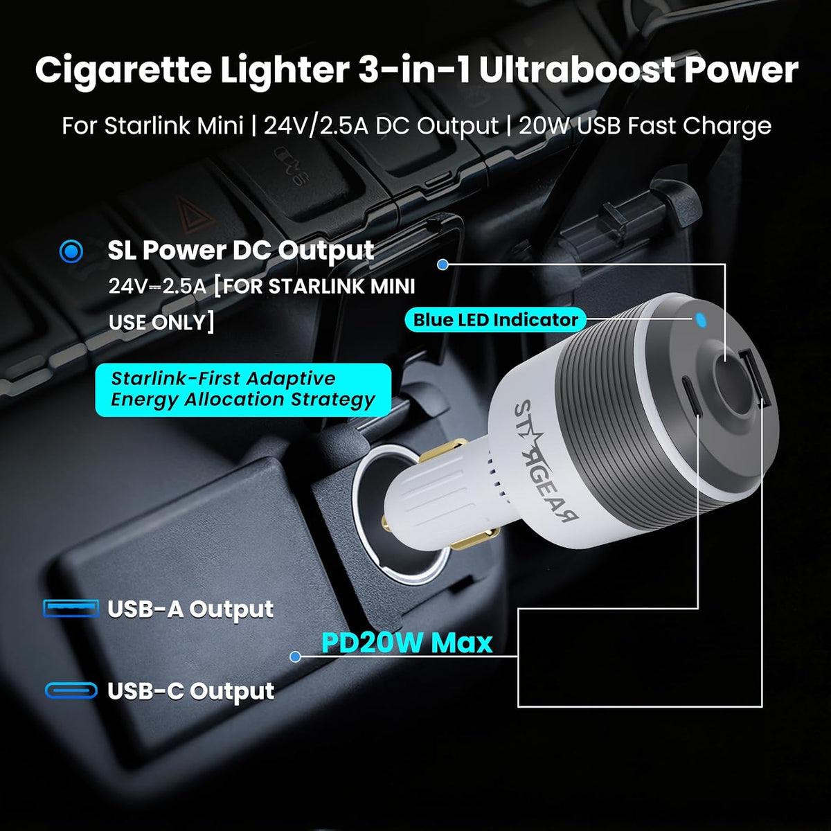 Adaptador de coche Starlink Mini 3 en 1 con cable de alimentación