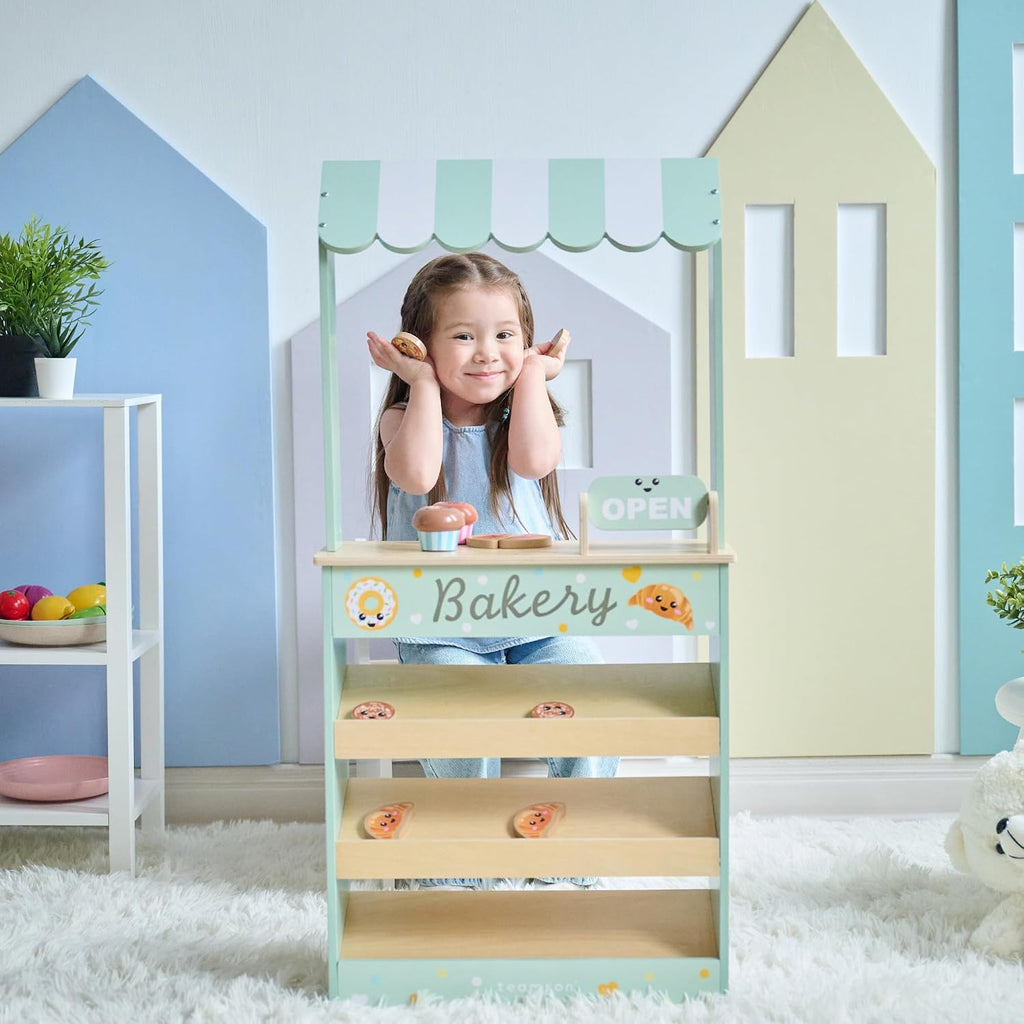 Teamson Kids Jolly Pals Wooden Bakery Market Stand para Kids Ages 3+