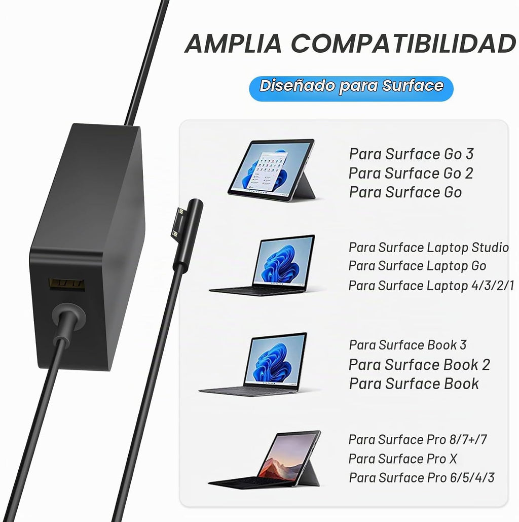 Cargador para portátil Surface Pro de 65 W, para Microsoft Surface Pro Charger Windows Surface Laptop 7, 6, 5, 4, 3, 2, para Microsoft Surface Pro10, 9, 8, 7+, 7, 6, 5, 4, 3, X, Surface Book3, 2, 1, Surface Go Tablet, compatible con 44W, 10 pies