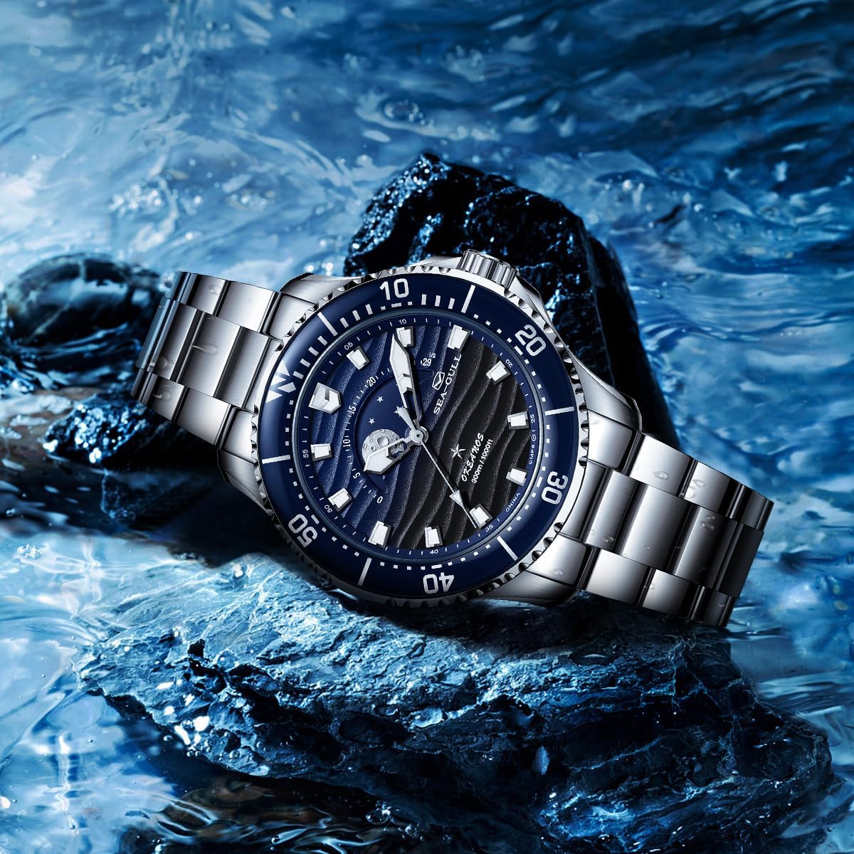 SEA-GULL Reloj divisorio 300M impermeable automático reloj de pulsera mecánico fase lunar luminiscente hombres relojes 816.32.1215