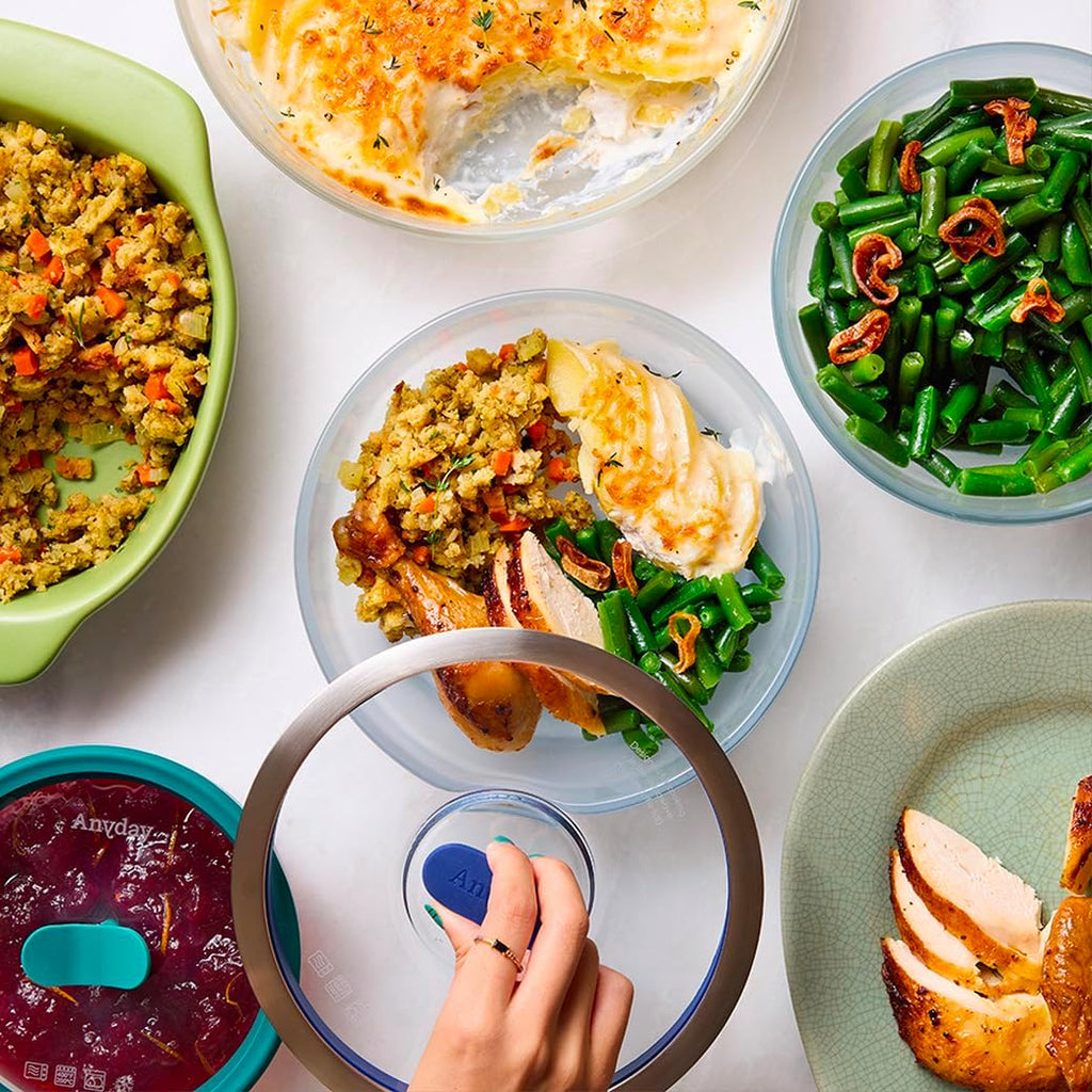 Anyday Juego de 4 Piezas de Utensilios de Cocina para Microondas y Almacenamiento de Alimentos de Vidrio con Tapas de Vidrio | Recipientes Medianos Sin Plástico | Vaporera Apilable con Tapa Ventilada