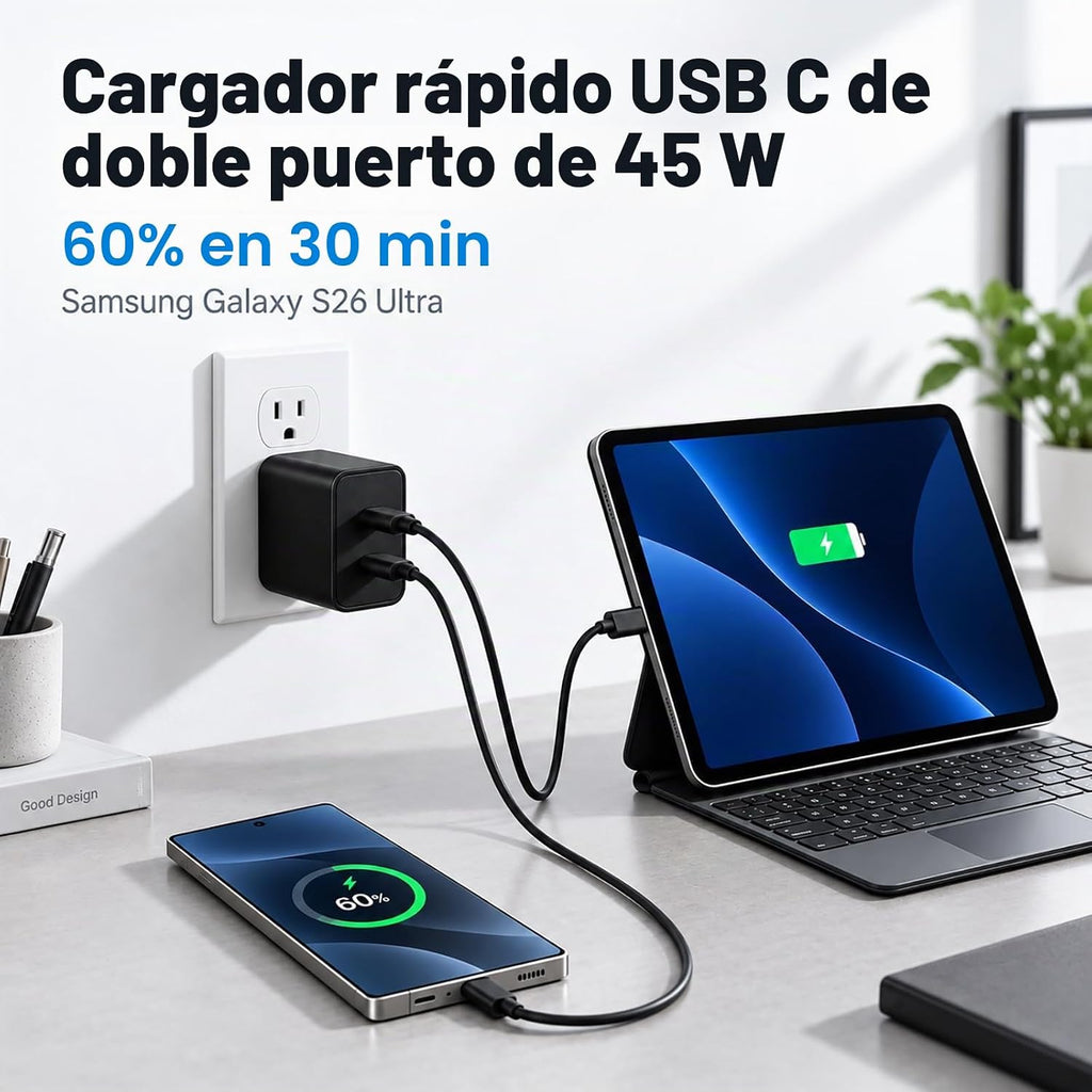 Cargador tipo C súper rápido para Samsung, cargador USB C de doble puerto