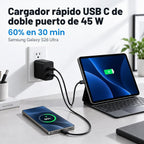 Cargador tipo C súper rápido para Samsung, cargador USB C de doble puerto