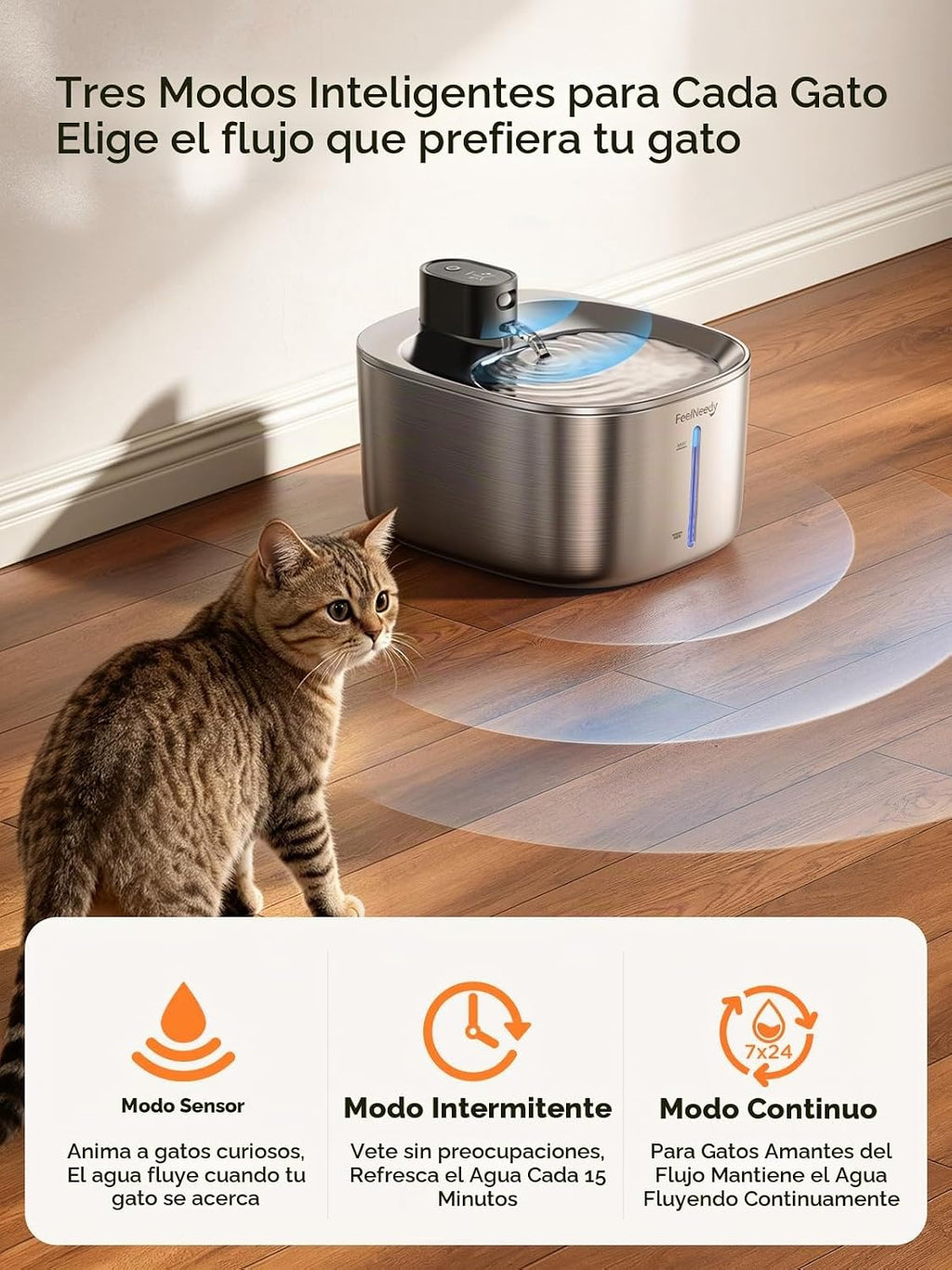 FEELNEEDY Fuente de agua inalámbrica para gatos de acero inoxidable con sensor, batería de 4000mAh, fuente de agua para mascotas de 4L/135 fl oz para gatos y perros, fuente de agua para gatos ultra