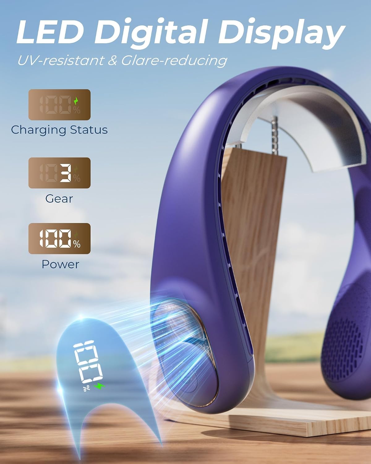 TUNISE Ventilador de cuello, ventilador personal con pantalla LED, recargable USB-C, batería de 4000 mAh, ajuste de 3 velocidades y funcionamiento silencioso, perfecto para el hogar, viajes, deportes