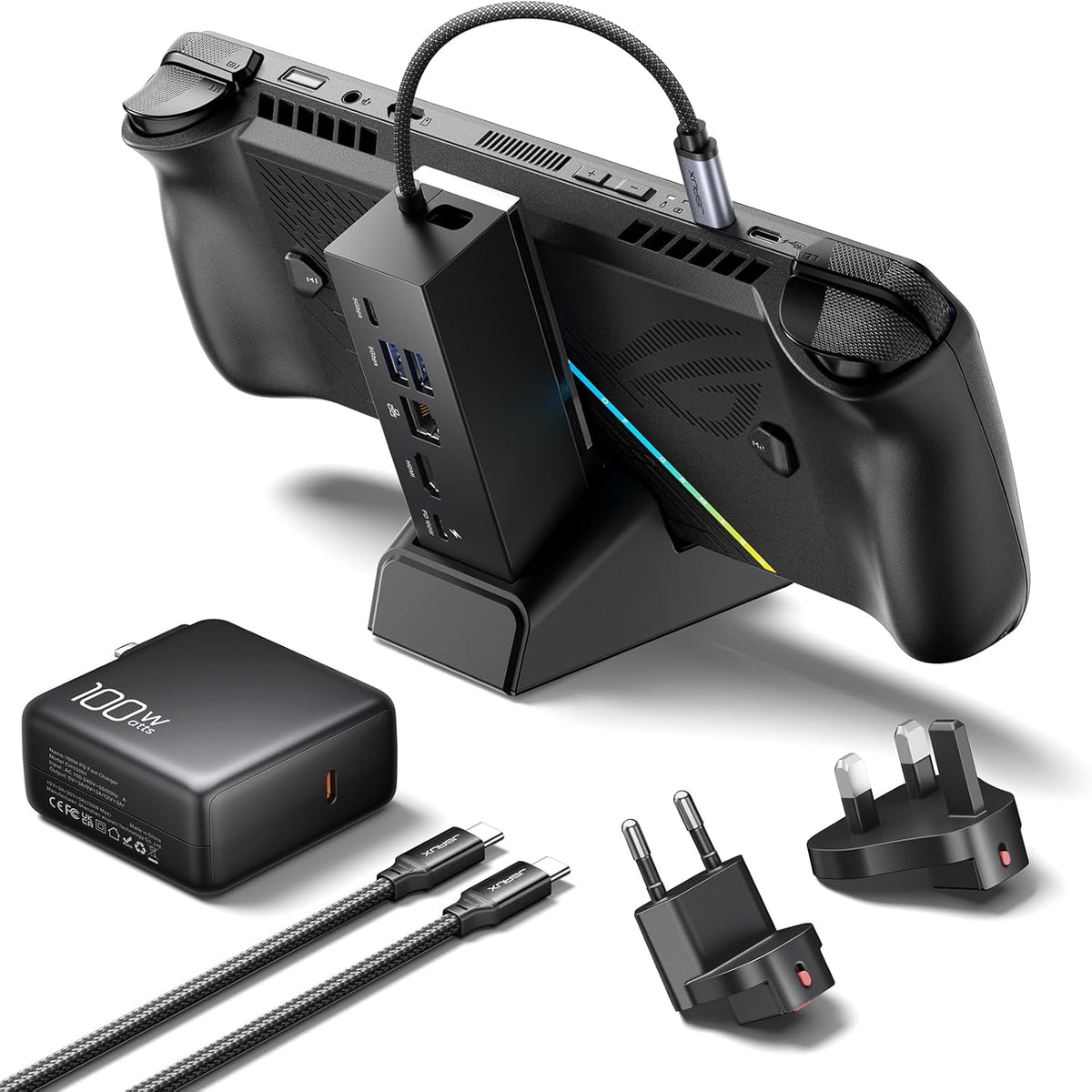 Estación de acoplamiento JSAUX y cargador de 100 W para ROG Xbox Ally X (2025)/ROG Ally X/Steam Deck/Legion Go, acoplamiento 6 en 1 con HDMI 4K@120Hz, Gigabit Ethernet, USB A dual y USB C 3.2 Gen 1