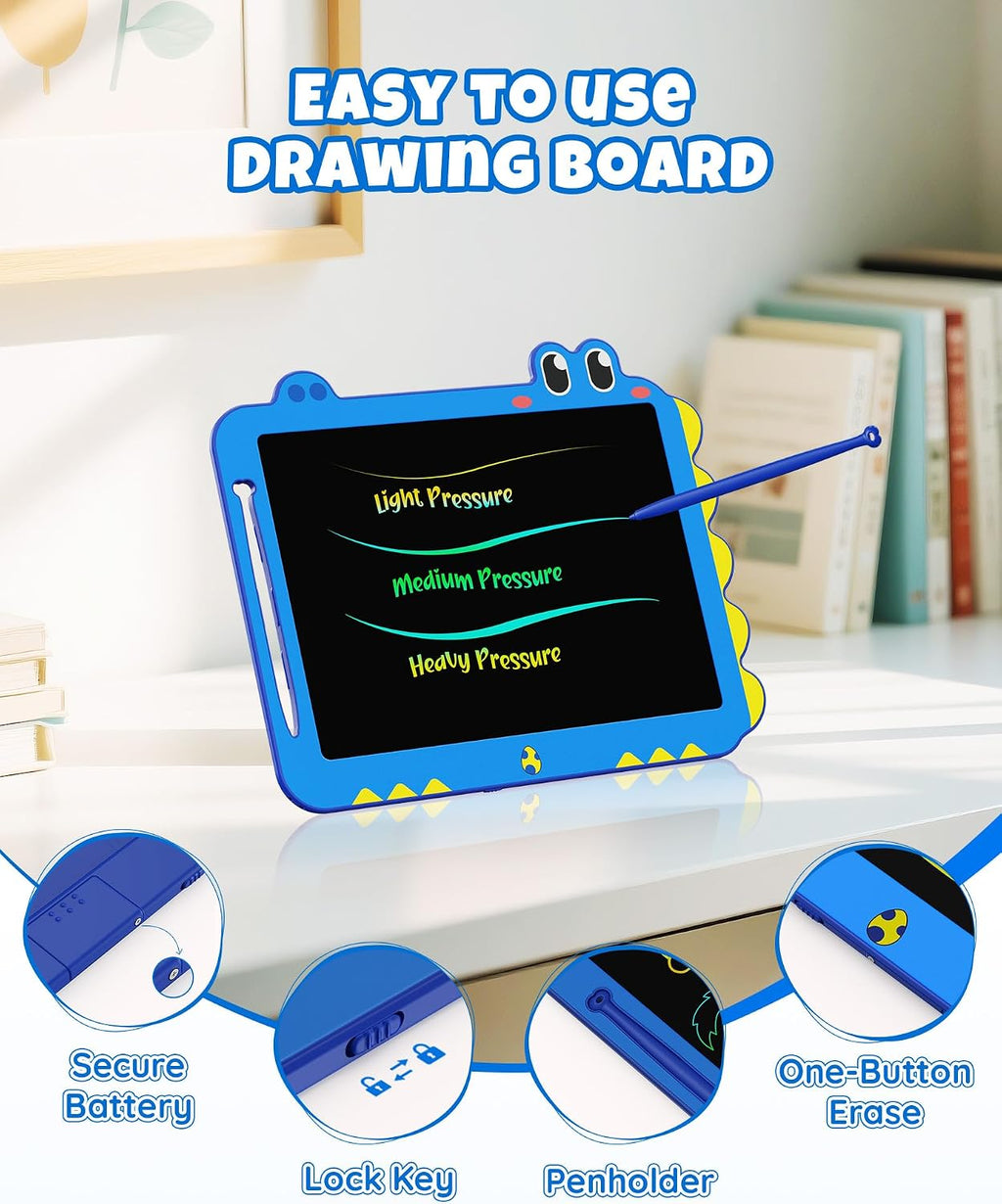 Tableta LCD de 12 pulgadas para garabatear, tablero de dibujo de dinosaurio verde para niños de 3 a 6 años, regalos de Navidad y cumpleaños, color azul