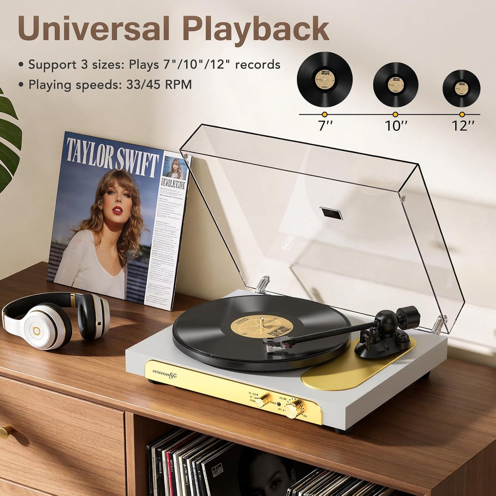 Seasonlife® Tocadiscos inalámbrico de entrada y salida, reproductor de vinilo de alta fidelidad con contrapeso ajustable y antideslizante, preamplificador de teléfono integrado, cartucho AT-3600L para