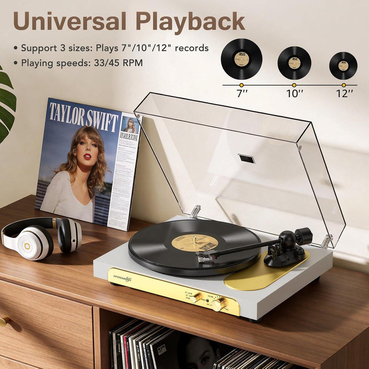 Seasonlife® Tocadiscos inalámbrico de entrada y salida, reproductor de vinilo de alta fidelidad con contrapeso ajustable y antideslizante, preamplificador de teléfono integrado, cartucho AT-3600L para