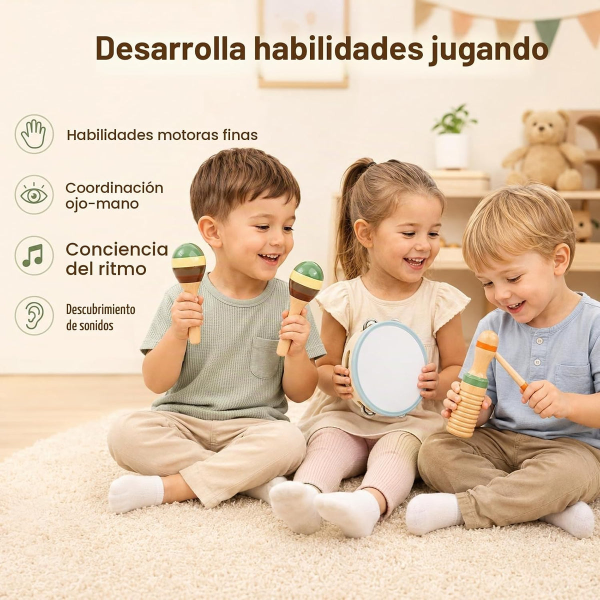 Instrumentos musicales de madera, juego de percusión Montessori de 12