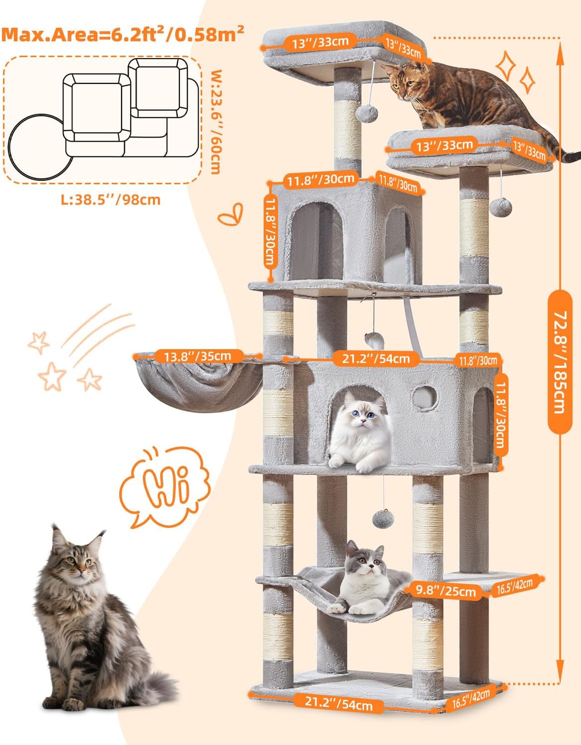 Taoqimiao Gran Árbol para Gatos, 73 in de Altura Torre para Gatos con 2 Dens Felinos Acolchados