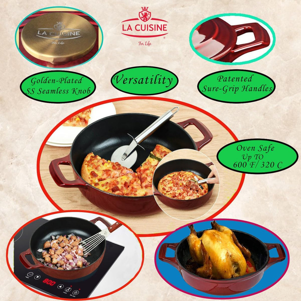 La Cuisine - Sartén de hierro fundido esmaltado, horno holandés poco profundo con perilla dorada para tapa interna esmalte negro mate, 3.75 cuartos de galón de 11 pulgadas de diámetro, apto para horno 550°F/528.8 °F, arándano