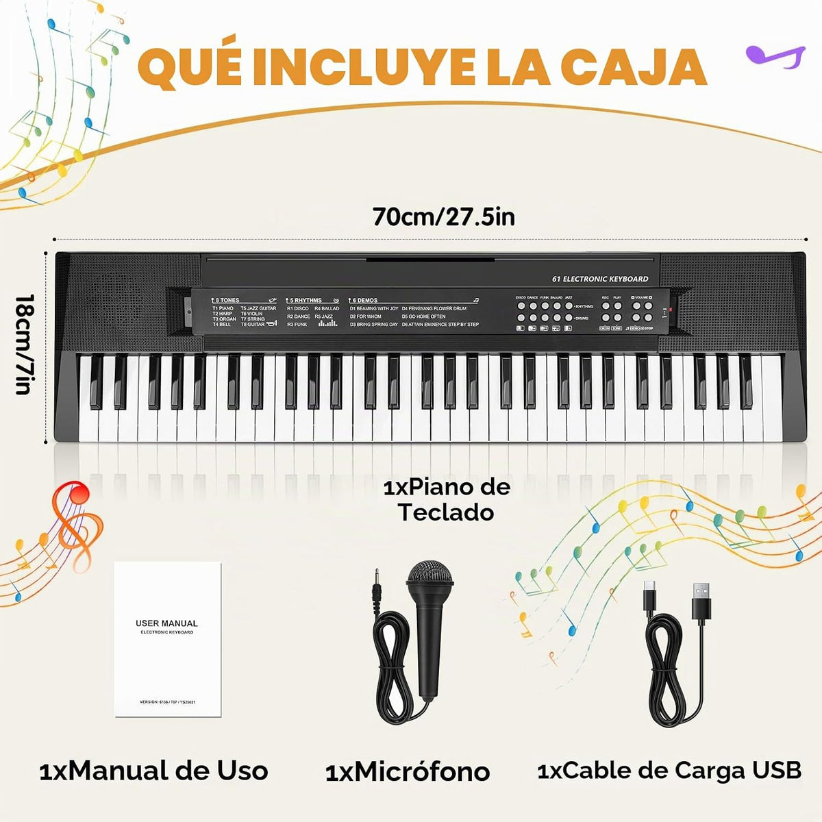 61 Keys Kids Piano teclado Toy con Mic para 3 4 5 6 7 8 Girls Boys, negro