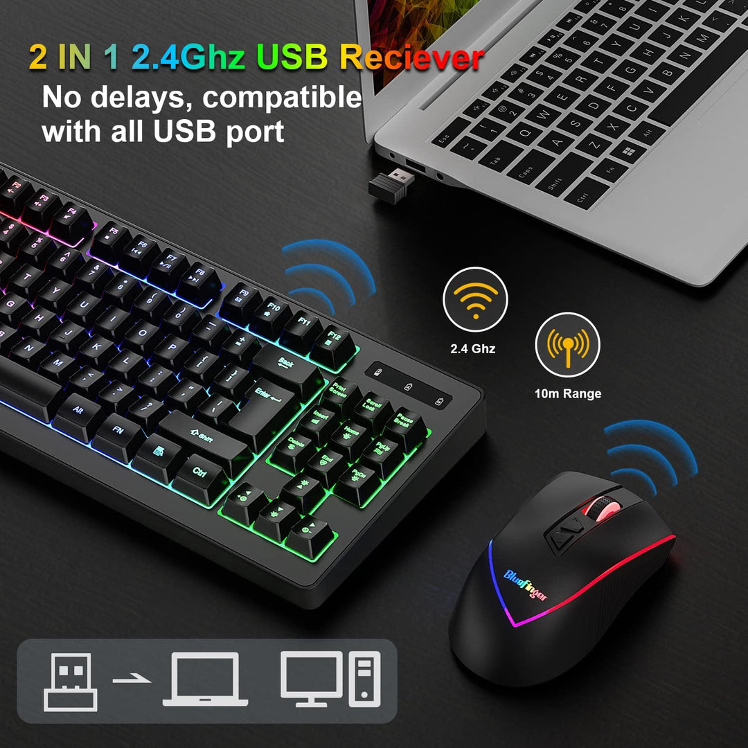 Combo de teclado y mouse inalámbricos BlueFinger, batería recargabl...