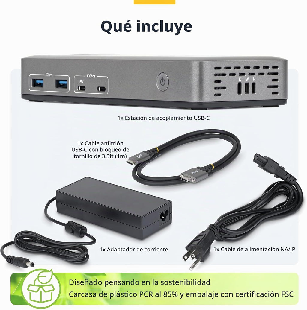 StarTech Dock USB-C Dual 4K 60Hz DisplayPort sin controladores, 100W, GbE, BYOD