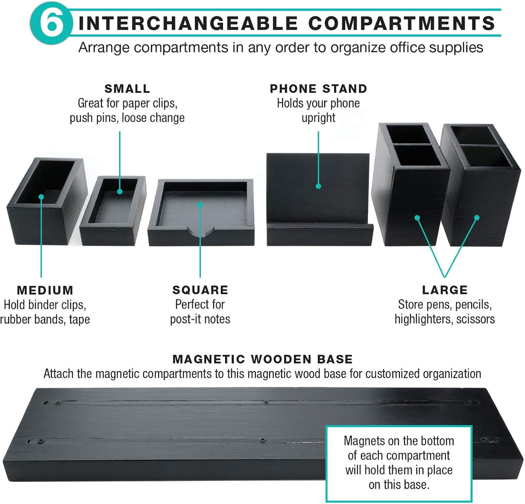 Excello Global Products Organizador magnético de escritorio | 6 compartimentos extraíbles para bolígrafos, lápices, postes, clips, teléfono celular y suministros de oficina (negro)