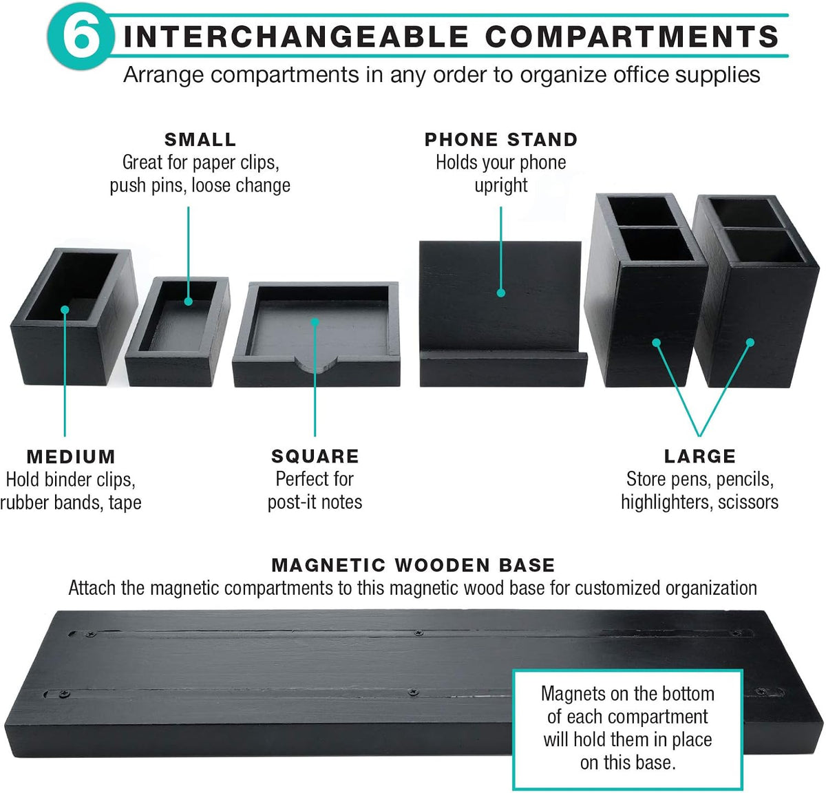 Excello Global Products Organizador magnético de escritorio | 6 compartimentos extraíbles para bolígrafos, lápices, postes, clips, teléfono celular y suministros de oficina (negro)