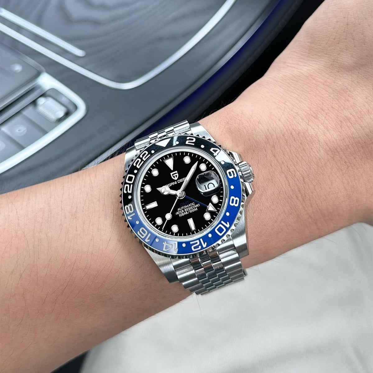 Reloj Pagani Design GMT para hombre, reloj automático de 1.575 pulgadas (40 mm), fecha, 100M resistente al agua, acero inoxidable, cristal de zafiro, reloj mecánico de pulsera PD-1662