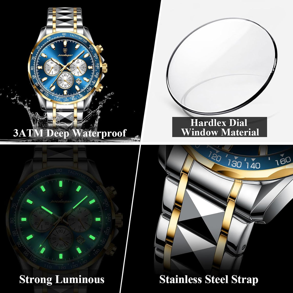 Poedagar Relojes de moda para hombre de lujo, impermeables, luminosos, con fecha y cronógrafo, de acero inoxidable, deportivos, de cuarzo, para hombre