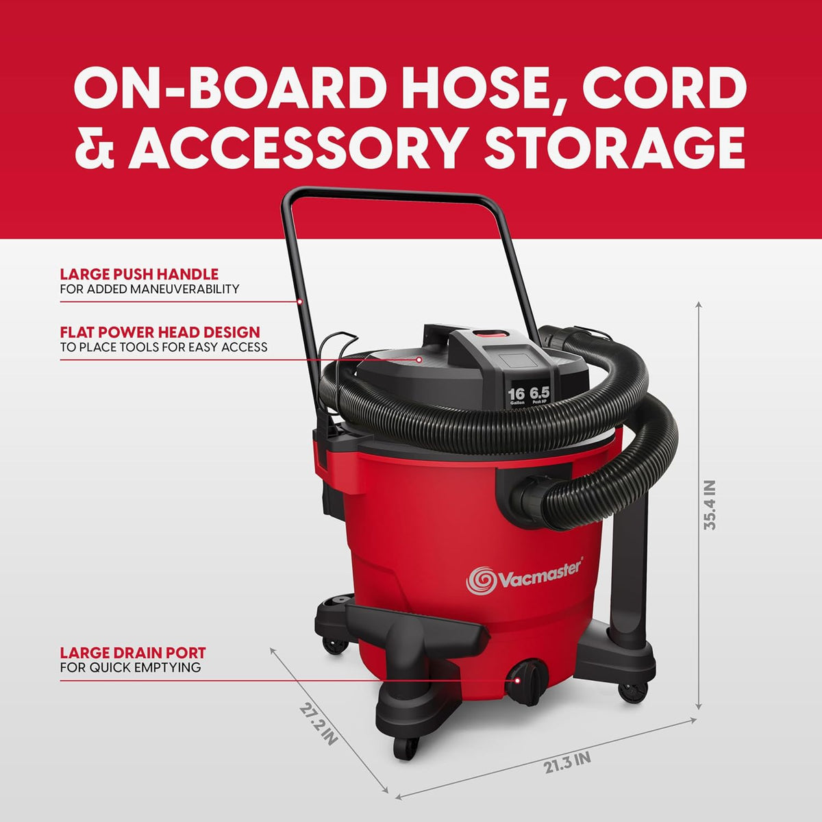 Vacmaster 16-Gallones 6.5 HP Pico† Aspiradora para Seco/Húmedo – VJH1612PF 1101, Rojo