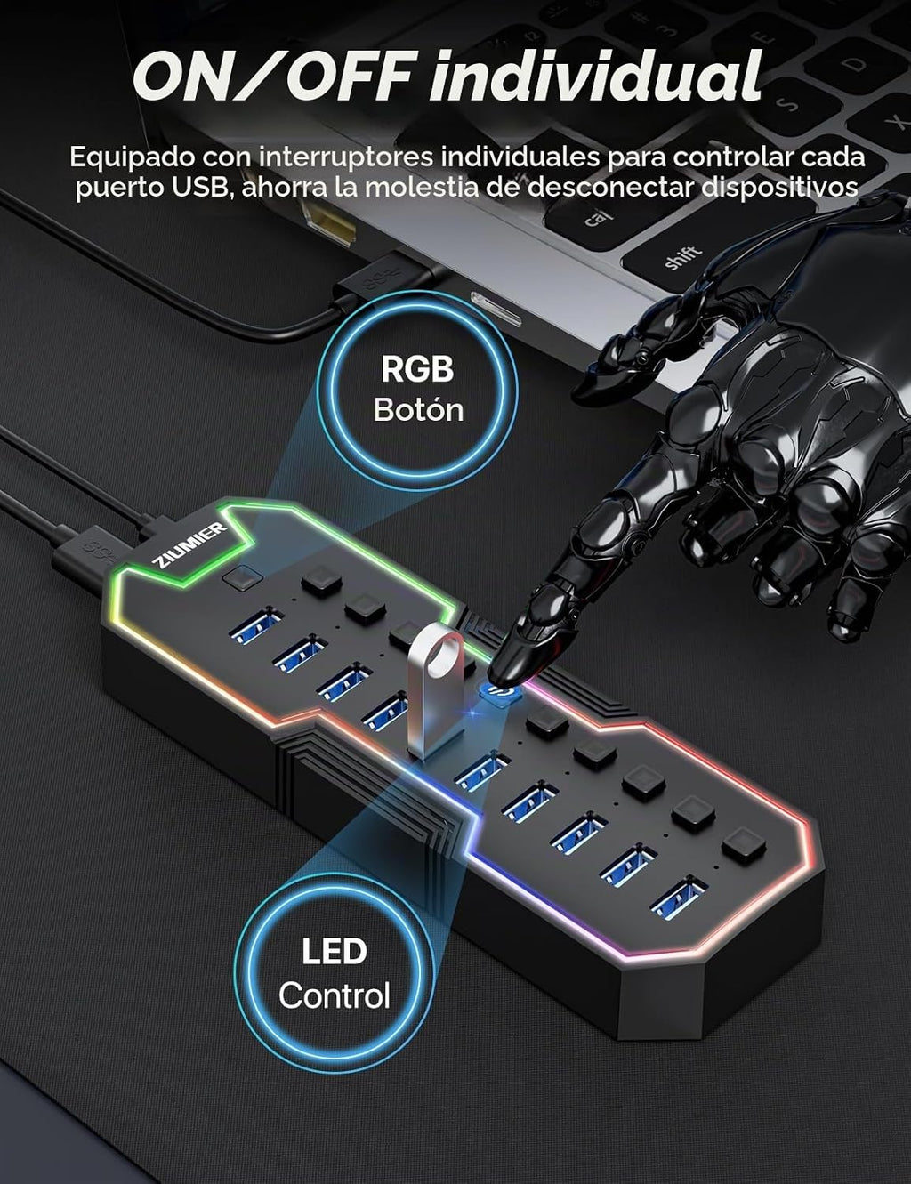 ZIUMIER, L100, hub USB 3.0 de 10 puertos, alimentado, adaptador 12V/2A