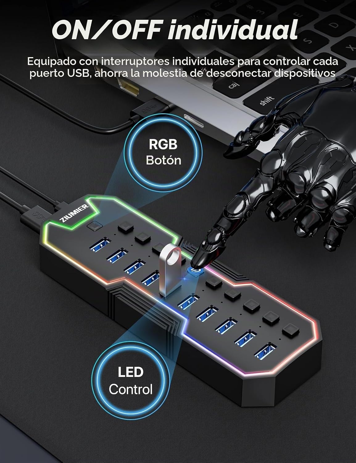 ZIUMIER, L100, hub USB 3.0 de 10 puertos, alimentado, adaptador 12V/2A