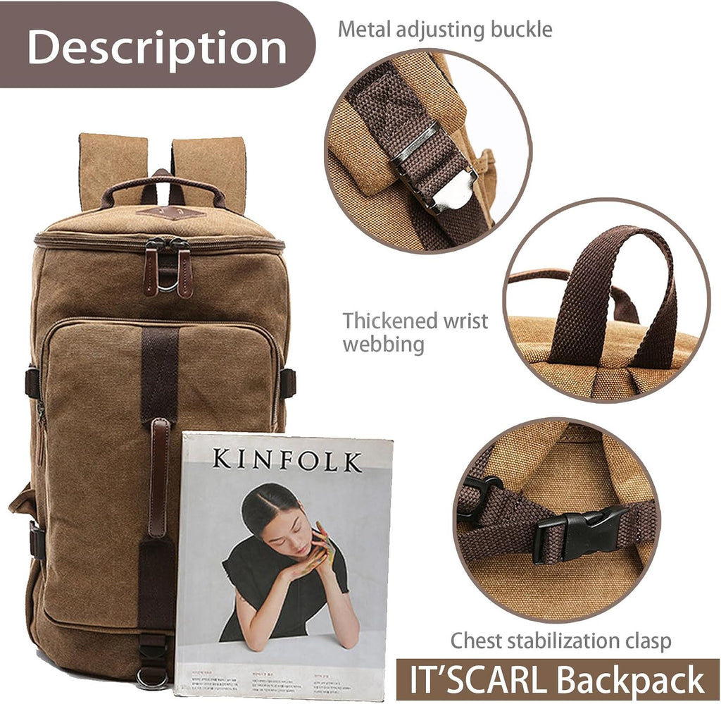 IT'SCARL Mochila grande para hombres, mochila de viaje, bolsa grande de lona, mochila de trabajo (caqui)