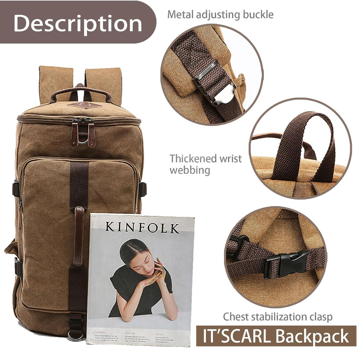 IT'SCARL Mochila grande para hombres, mochila de viaje, bolsa grande de lona, mochila de trabajo (caqui)