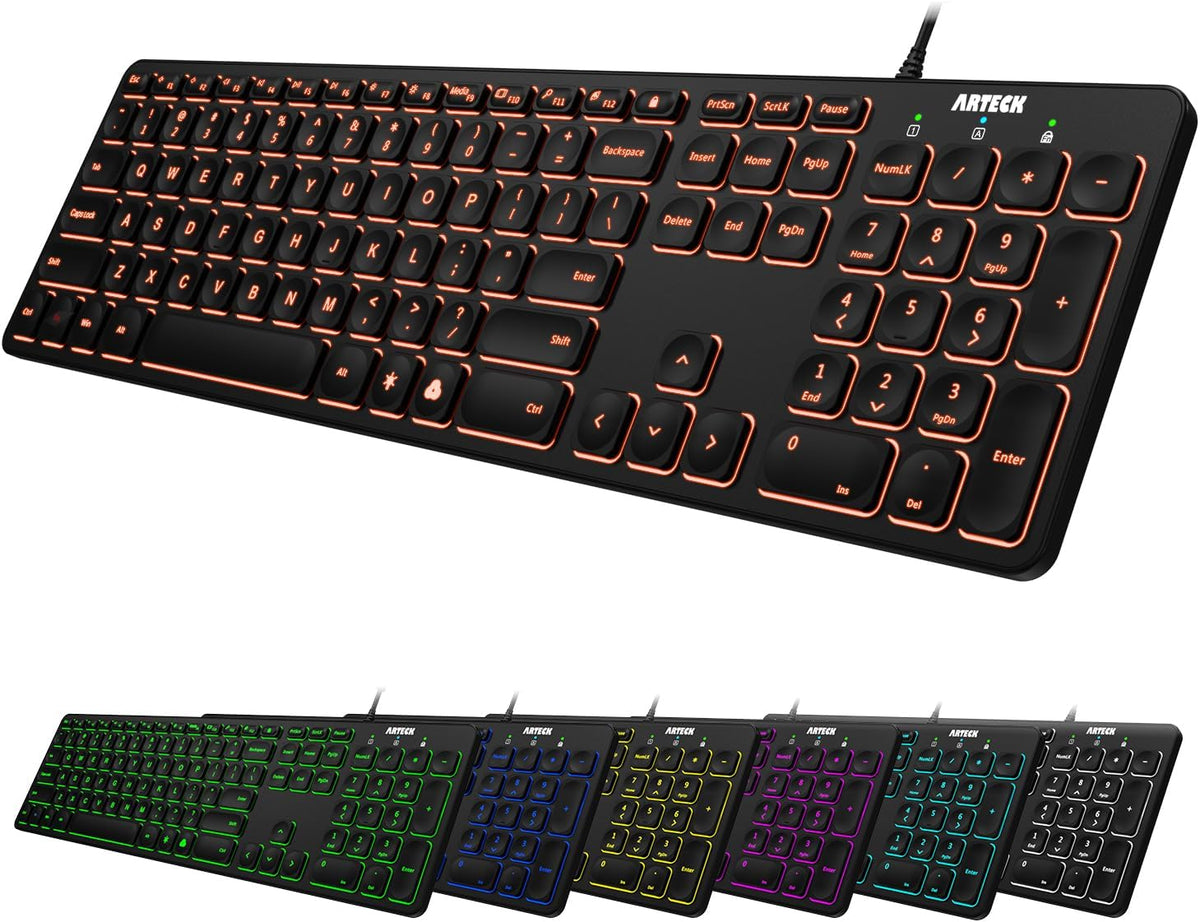 Arteck - Teclado retroiluminado USB con cable de tamaño completo co...