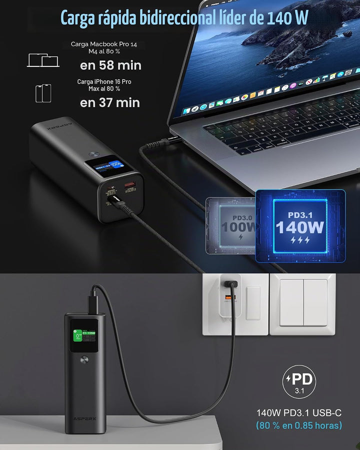 AsperX - Banco de energía para portátil, 27,600 mAh, 162,5 W, PD3.1...