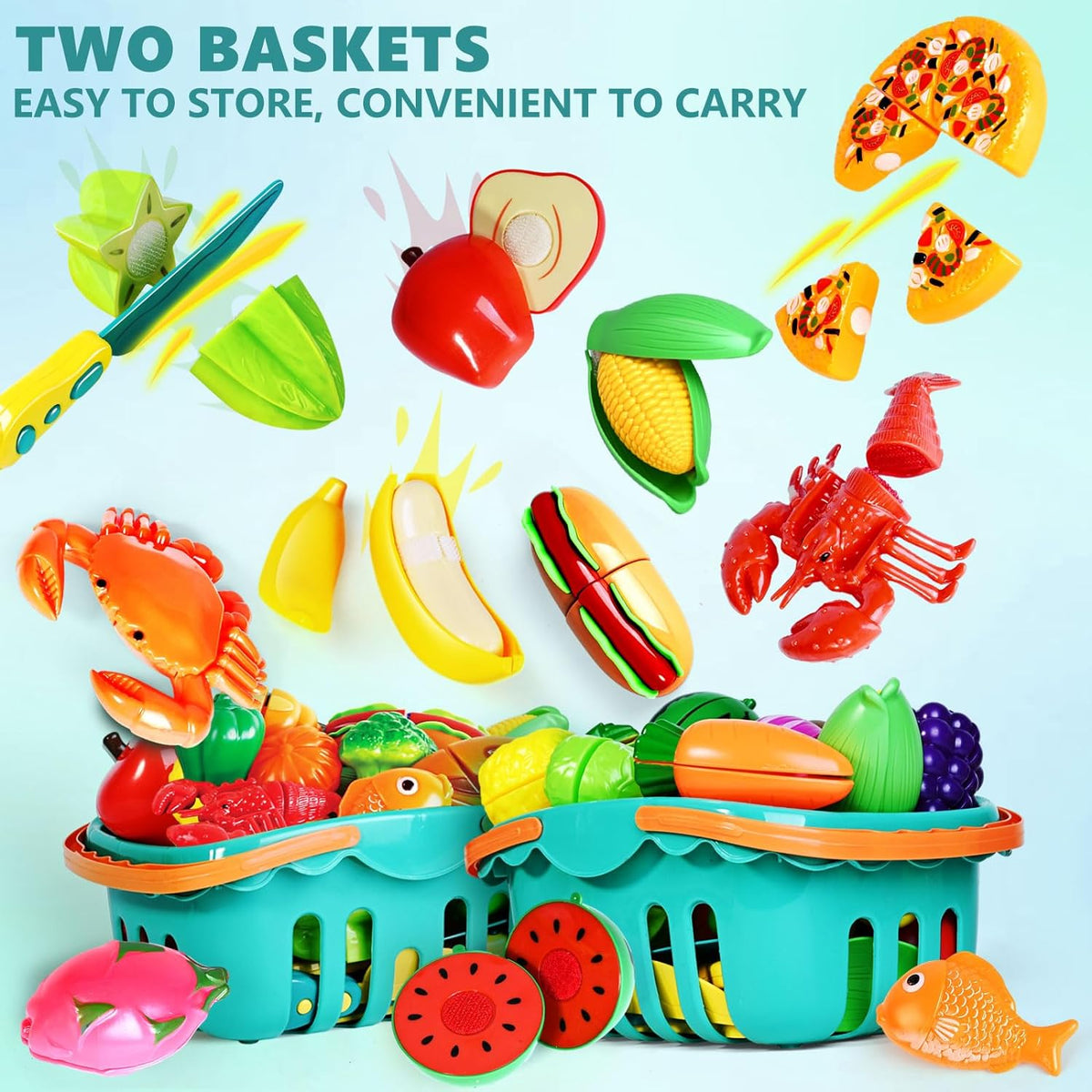 100 piezas de juego de comida de simulación para cocina de niños, juguete de comida falsa para niños pequeños de 1 a 3 años, accesorios de plástico para cortar alimentos/frutas/verduras falsos con 2