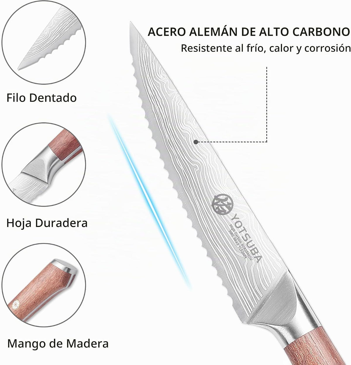 Juego de 6 Cuchillos para Filetear YOTSUBA con Larga Espiga y Mango de Madera de Etiro