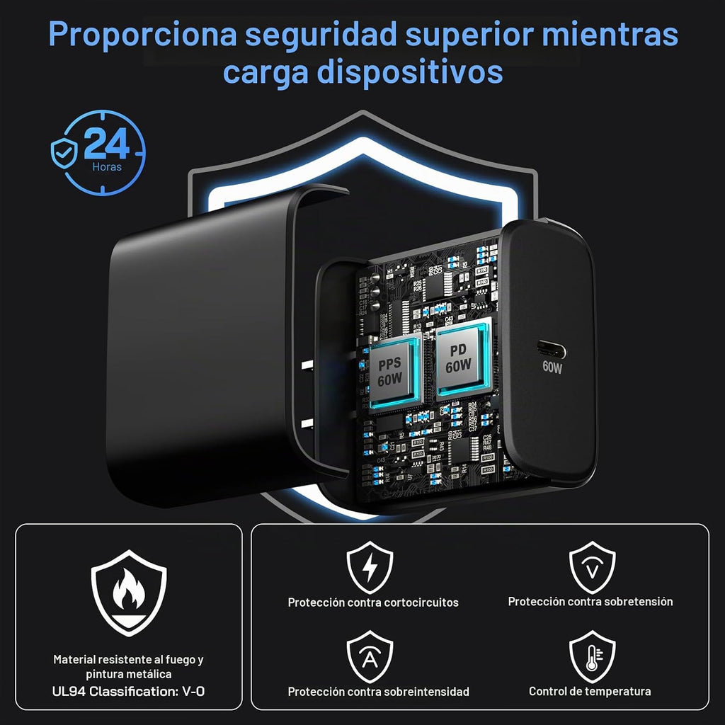 Cargador USB C de 60 W, cargador súper rápido de 60 vatios tipo C con 2