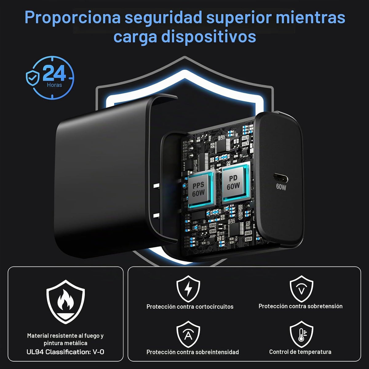 Cargador USB C de 60 W, cargador súper rápido de 60 vatios tipo C con 2