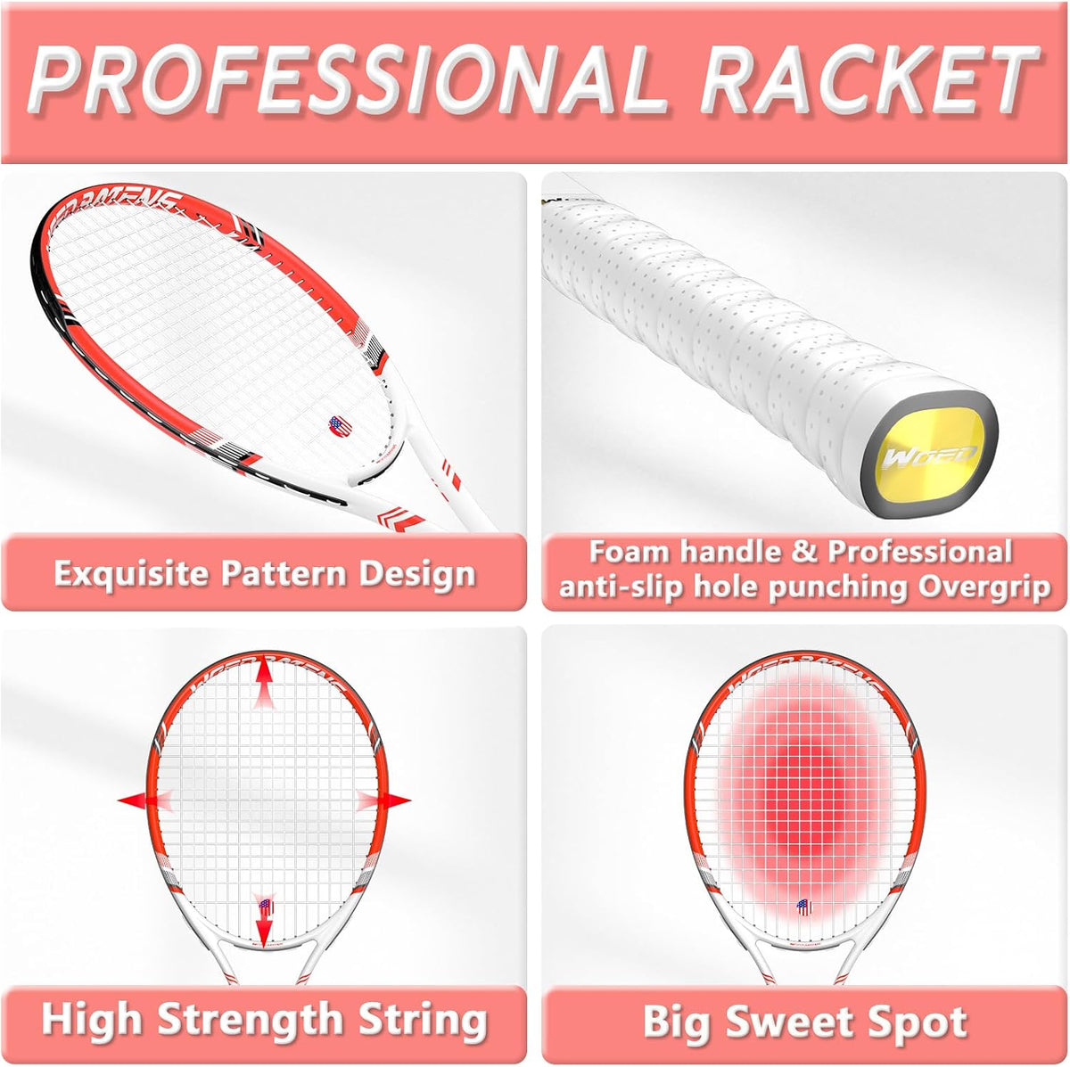 Raqueta de tenis profesional para adultos, 2 jugadores de 27 pulgadas, raqueta de tenis de velocidad aceptable para principiantes y profesionales con 3 pelotas de tenis, 2 amortiguadores de vibración,
