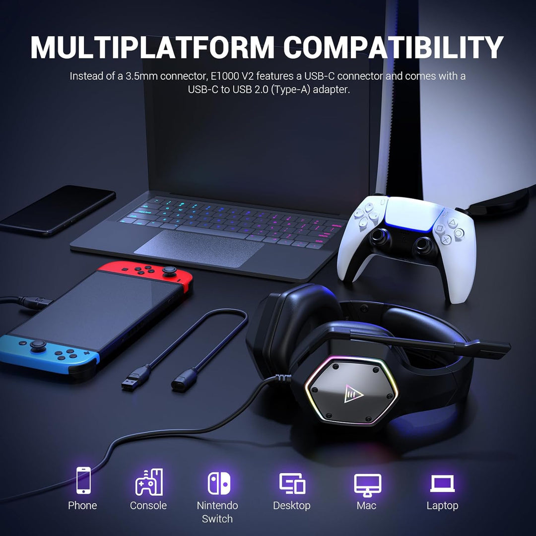 EKSA E1000 V2 Gaming Headset, PC Headset with USB C Plug, Wired Hea...