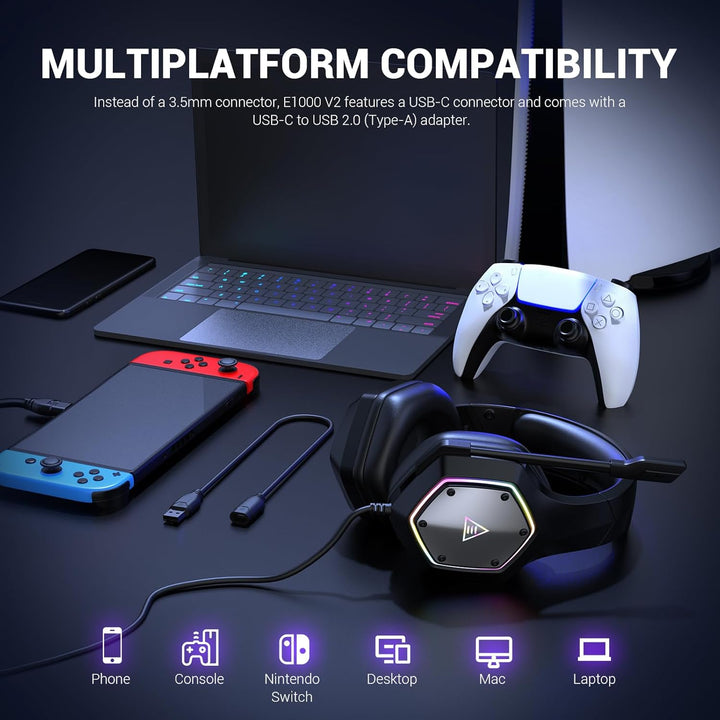 EKSA E1000 V2 Gaming Headset, PC Headset with USB C Plug, Wired Hea...