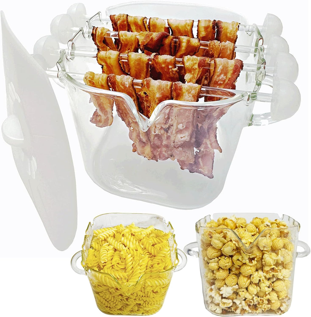 Cocina de vidrio para microondas y tocino, tapa de silicona, 4 pinchos de vidrio, 100 onzas