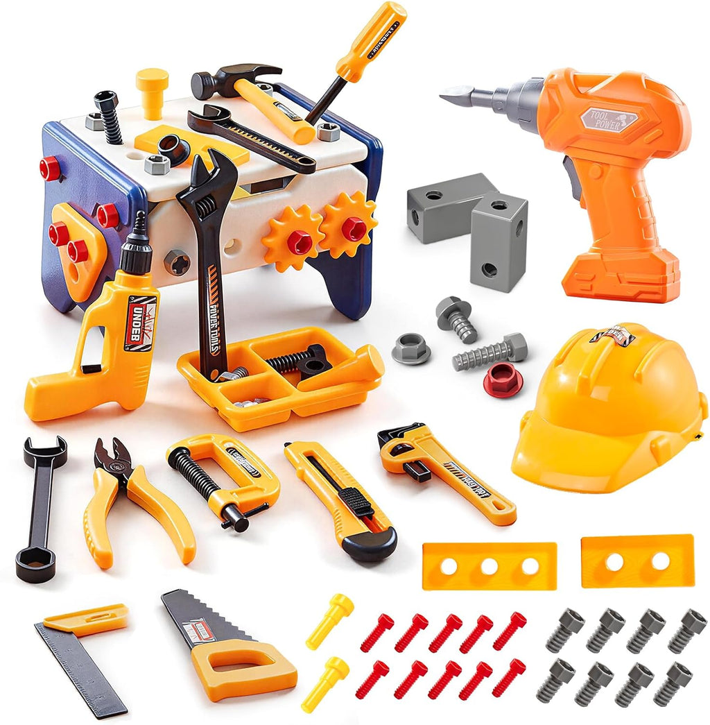 Juego de herramientas para niños con taladro de juguete y casco de seguridad, banco de trabajo para niños, kit de herramientas de construcción de juego de simulación, juguetes de