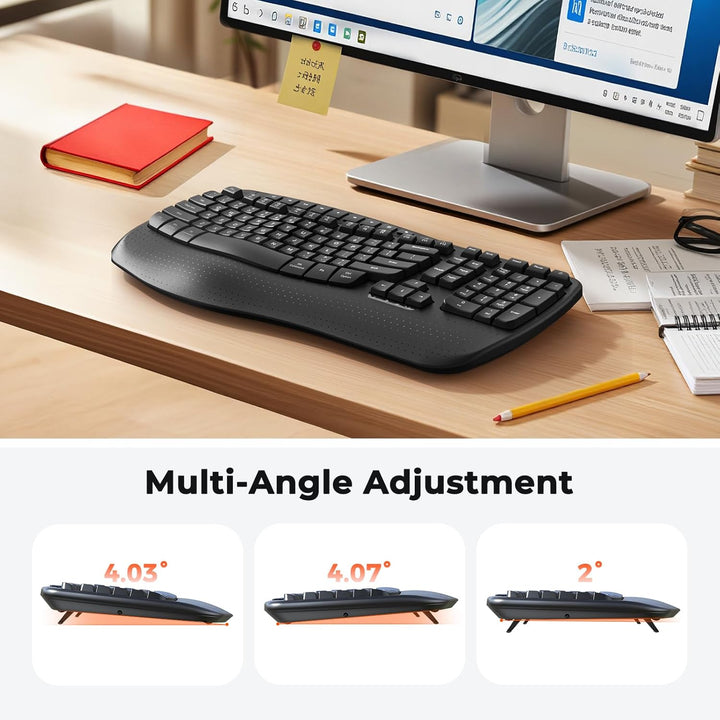 MEETION Teclado ergonómico inalámbrico, teclas onduladas, reposamuñ...