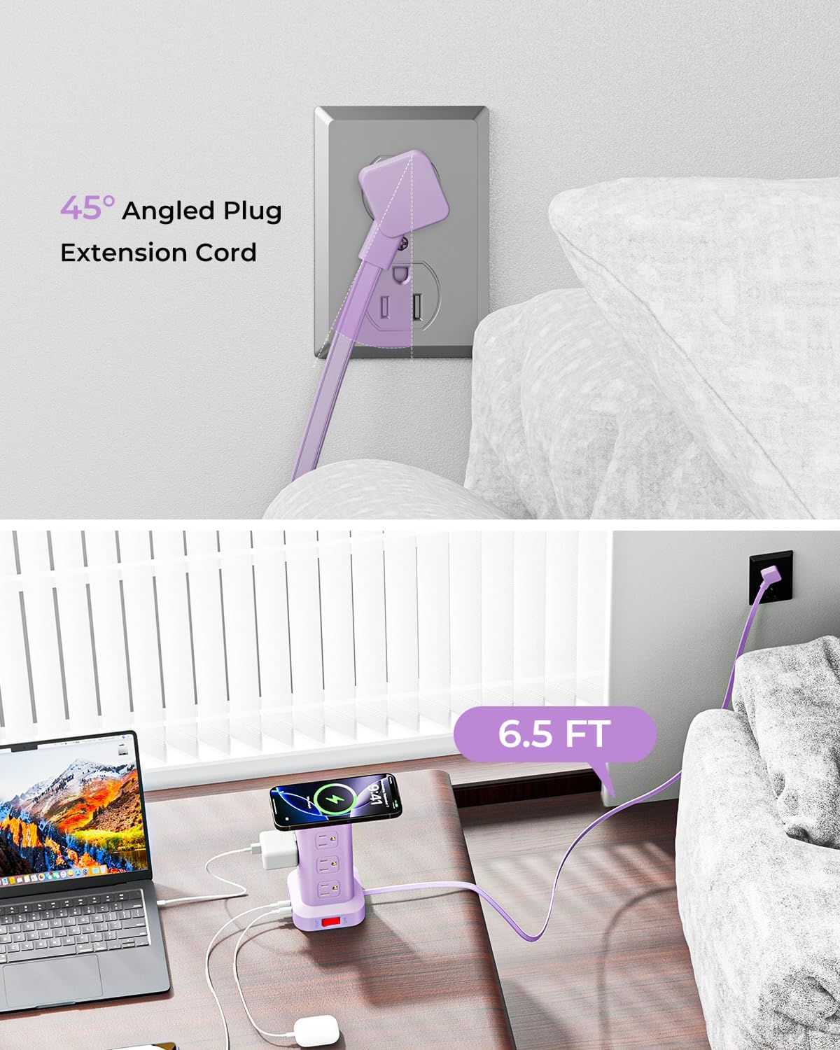 Regleta de alimentación púrpura con 12 tomas, 4 USB (1 USB C), cable de extensión de 6.5 pies con múltiples tomas, estación de carga, torre de regleta de alimentación, suministros de escritorio de