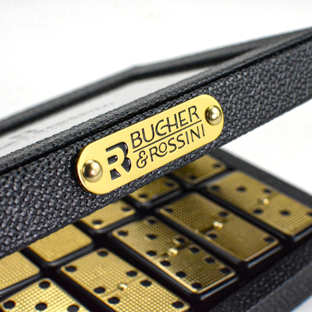 Bucher&Rossini Juego de dominó de superficie de metal doble 6 para adultos y niños – Juego de dominó clásico de 28 piezas de superficie de metal dorado, idea de regalo para jugadores de dominó o noche de juego familiar