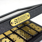 Bucher&Rossini Juego de dominó de superficie de metal doble 6 para adultos y niños – Juego de dominó clásico de 28 piezas de superficie de metal dorado, idea de regalo para jugadores de dominó o noche de juego familiar