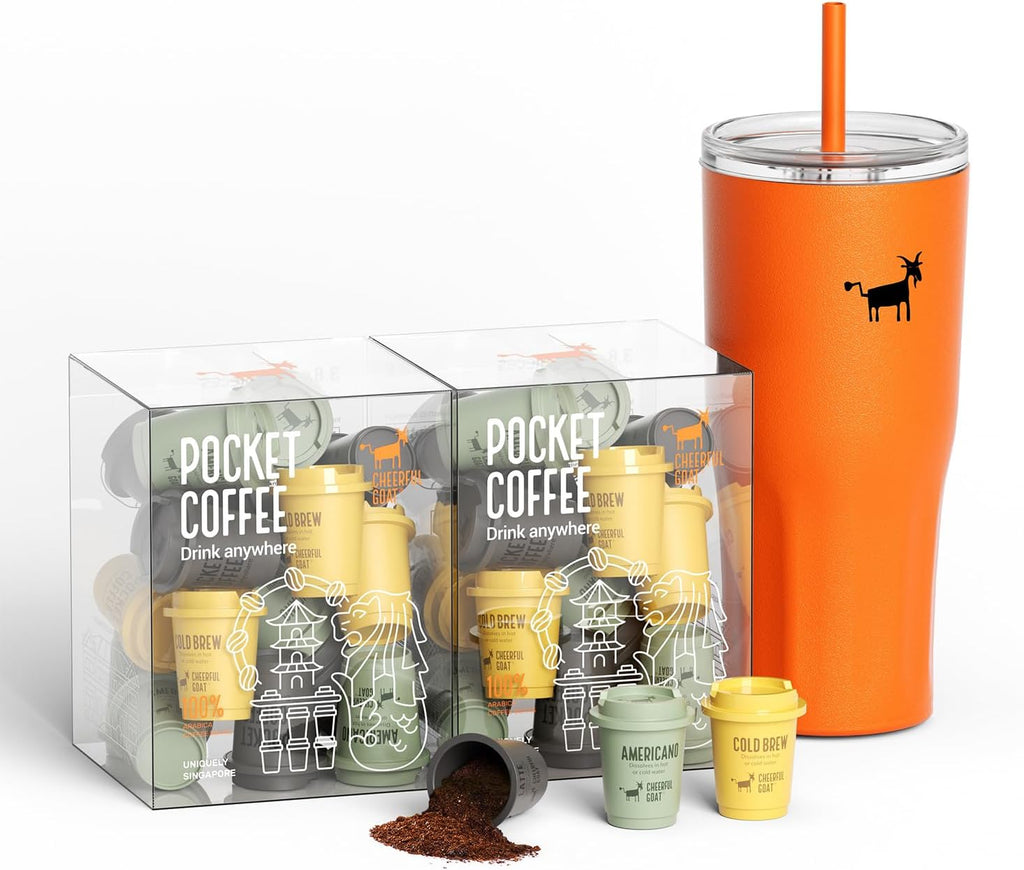 CHEERFUL GOAT Taza de viaje instantánea con forro de cerámica para café frío – Café de bolsillo especial 100% arábica, liofilizado para frescura, sin azúcar, sin aditivos, tapas dobles con tapa de